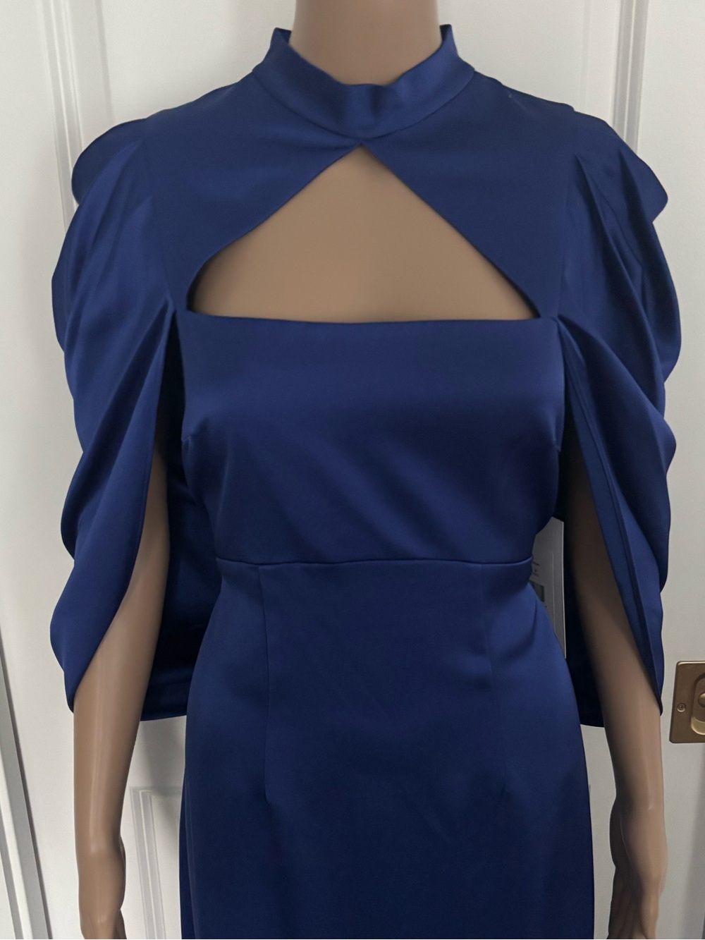 Theia Cobalt Blue Satin Maxi Gown with Capelet - Picture 3 of 6